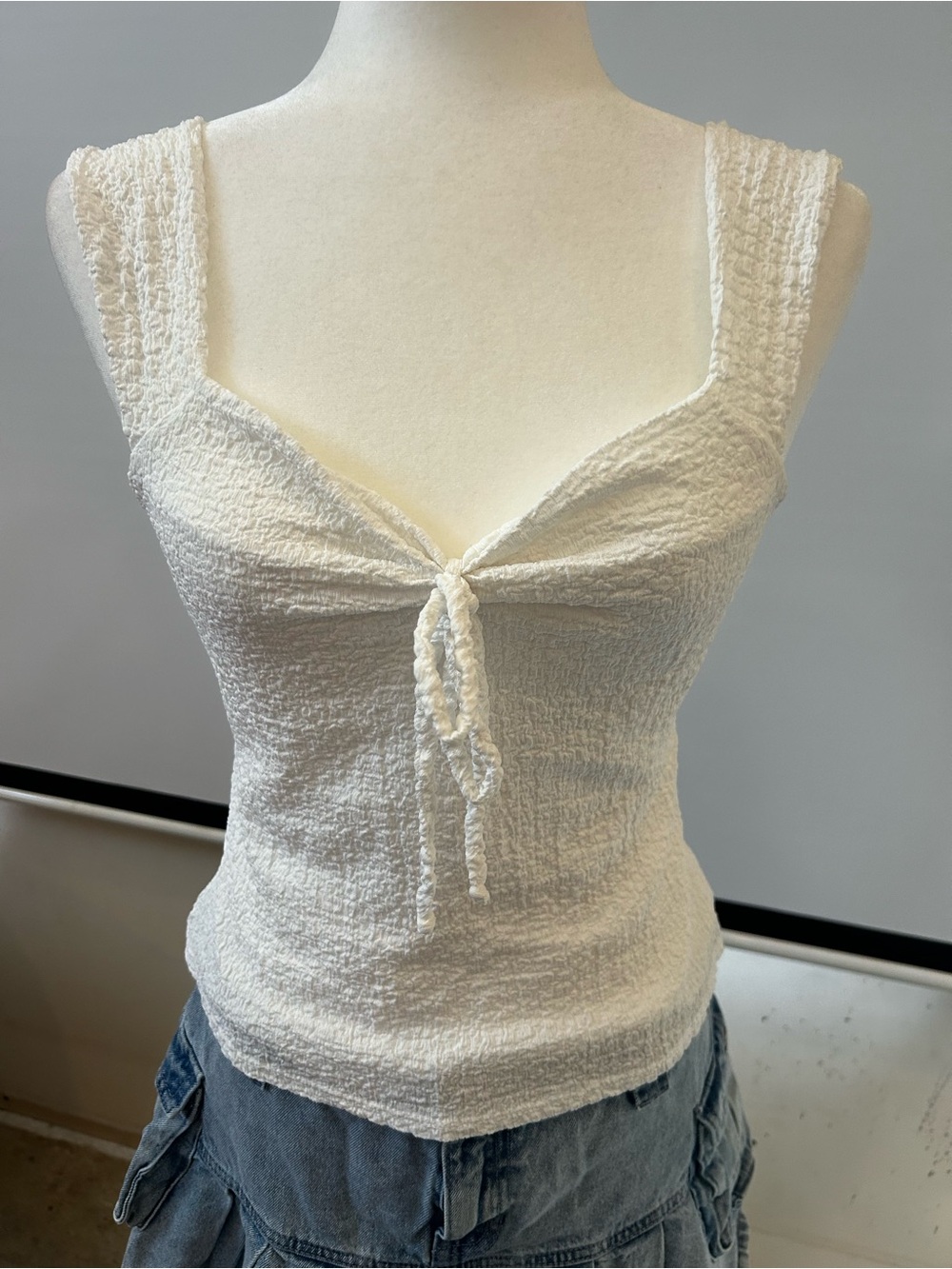 Urban Outfitters Cream Textured Tie-Front Cami